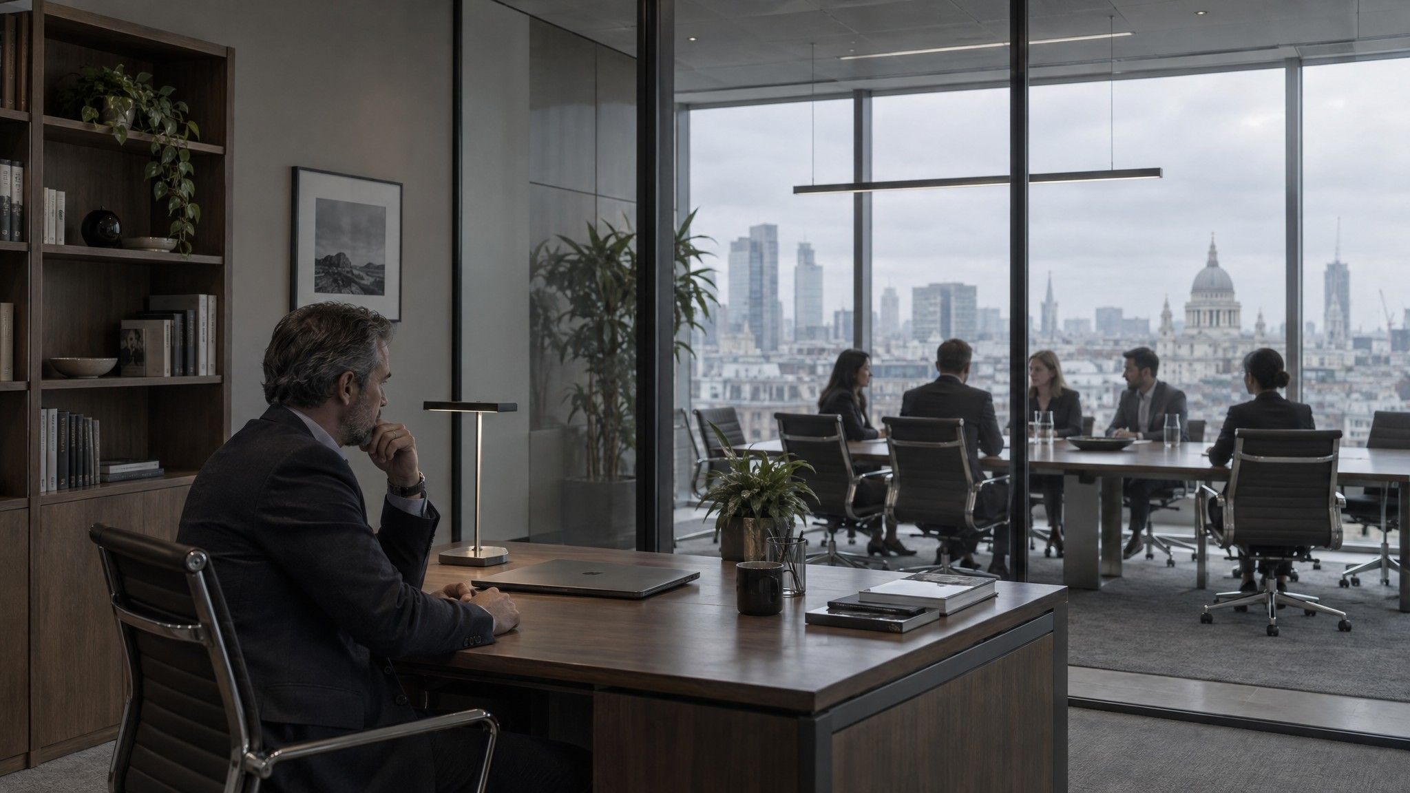 Corner office beside a large meeting suite seen through glass