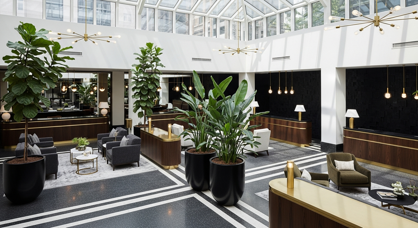 Luxury boutique hotel lobby with terrazzo floors and brass accents