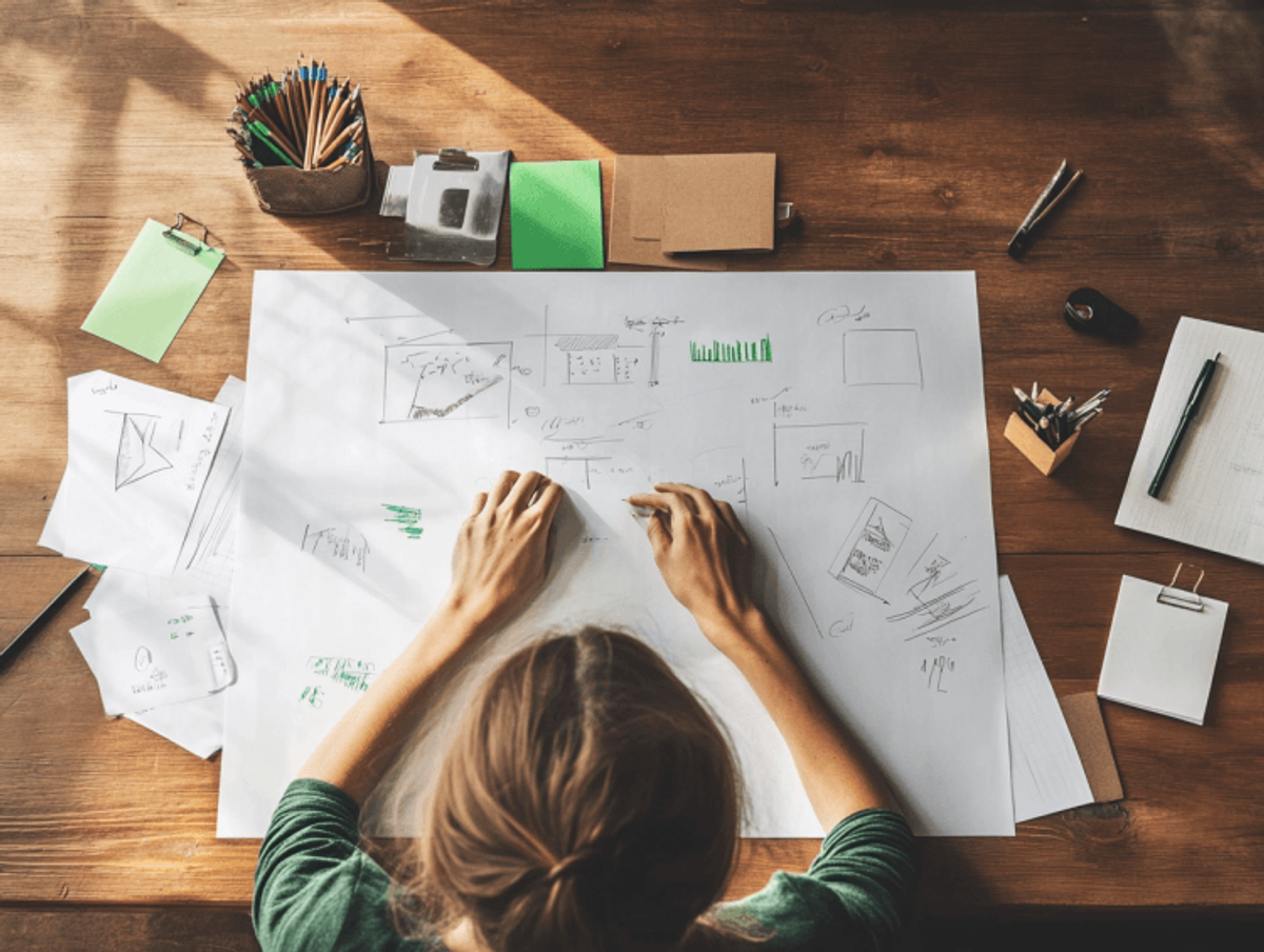 Person drawing design sketches on large paper sheet.