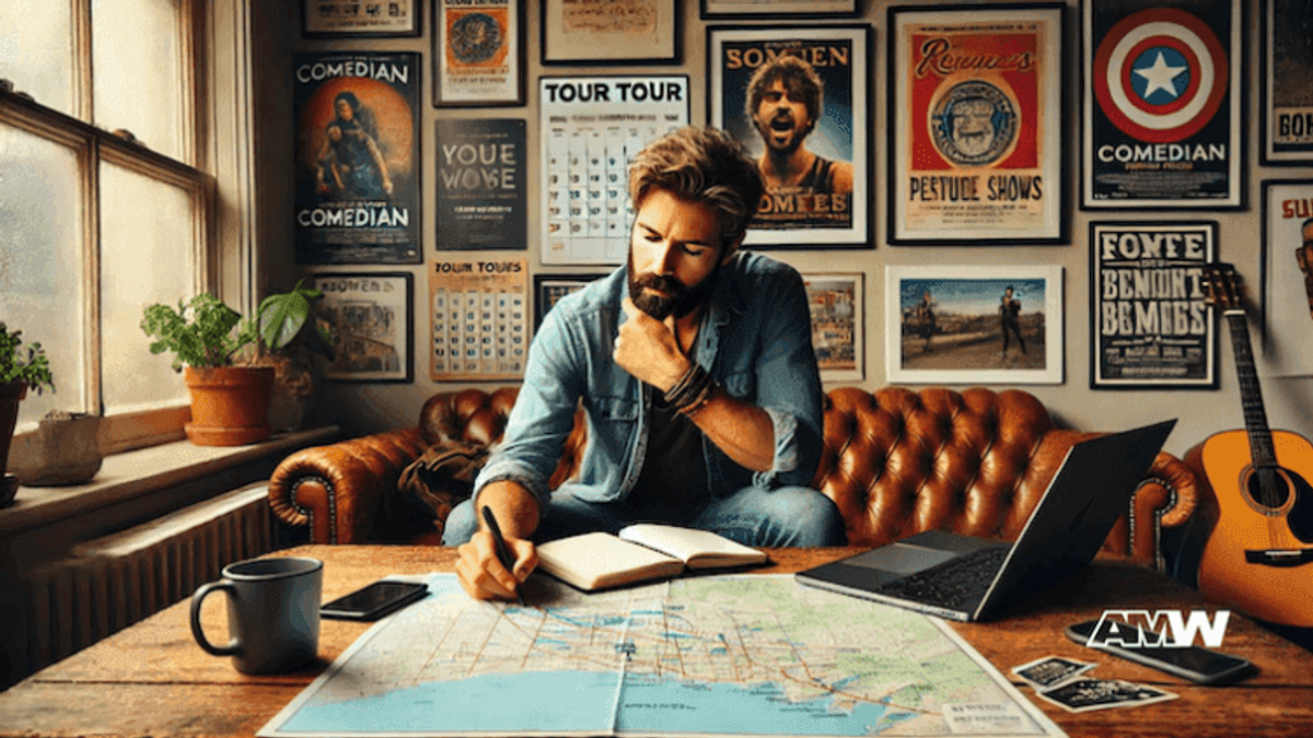 Man planning journey with map and notebook.