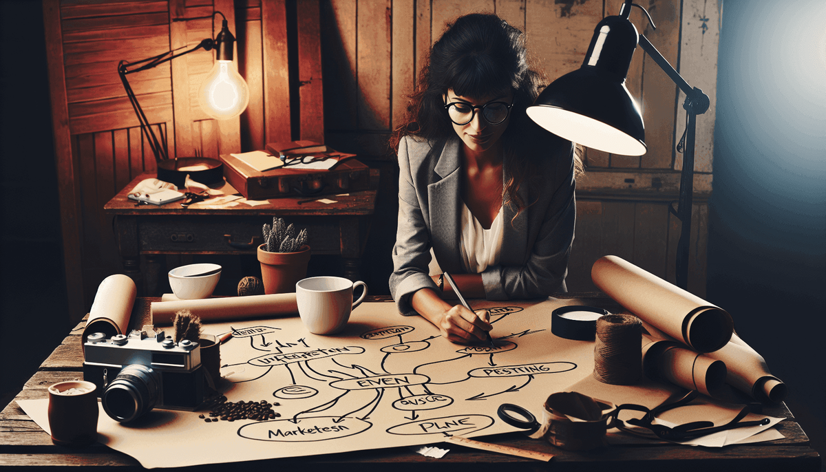 Event planner sketching out a marketing plan, event planners, marketing tool, target demographic, marketing channel.