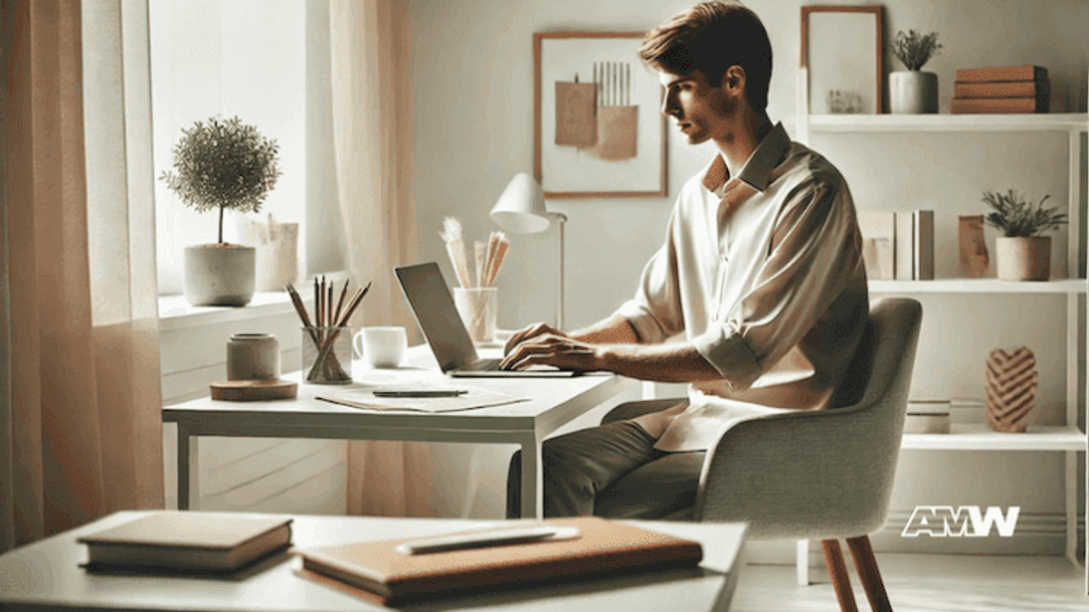 Man working on laptop in home office