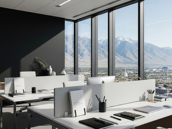 Content marketing workspace with Salt Lake City mountain panorama