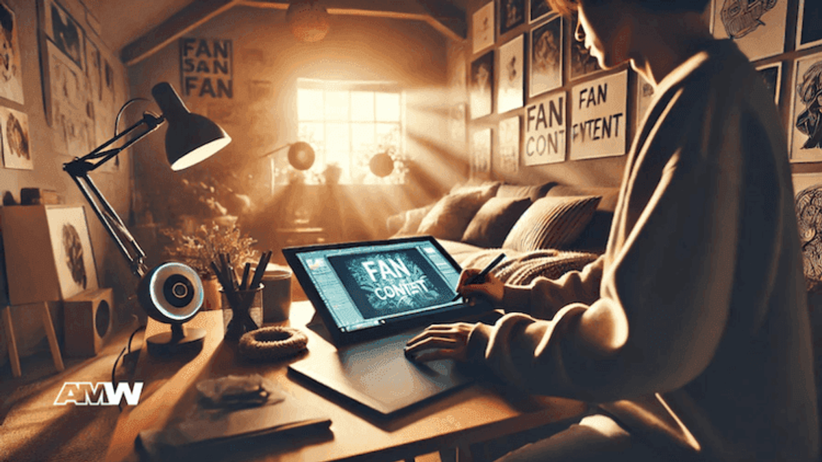 Person creating digital fan content in cozy room.