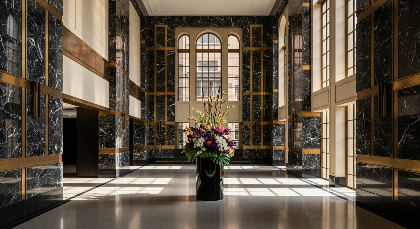 Premium corporate lobby representing marketing company review alternatives