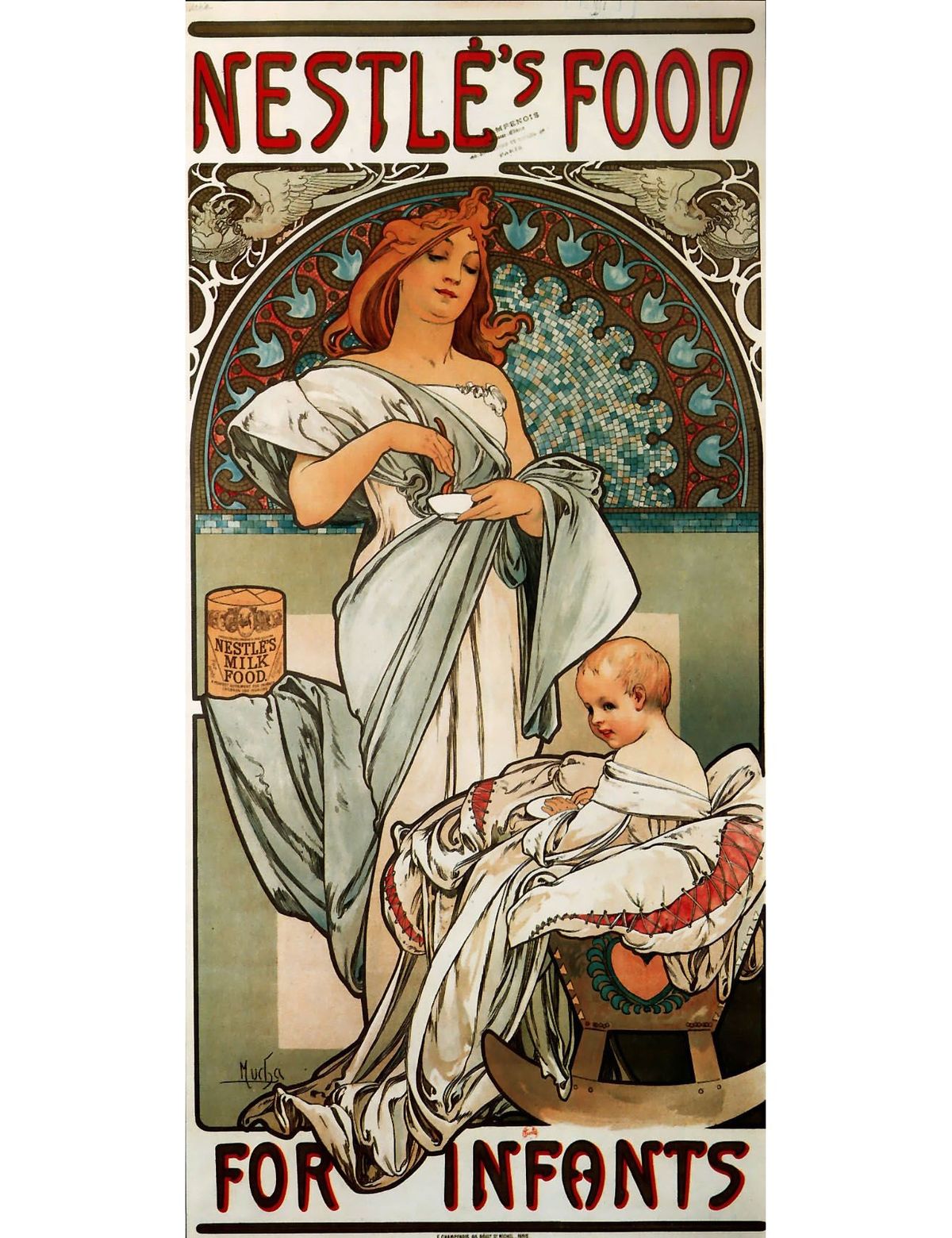 Art nouveau poster by Alphonse Mucha: a woman in a flowing white gown holds a cup and spoon beside a baby, with a tin of Nestlé's Milk Food and the words Nestlé's Food for Infants