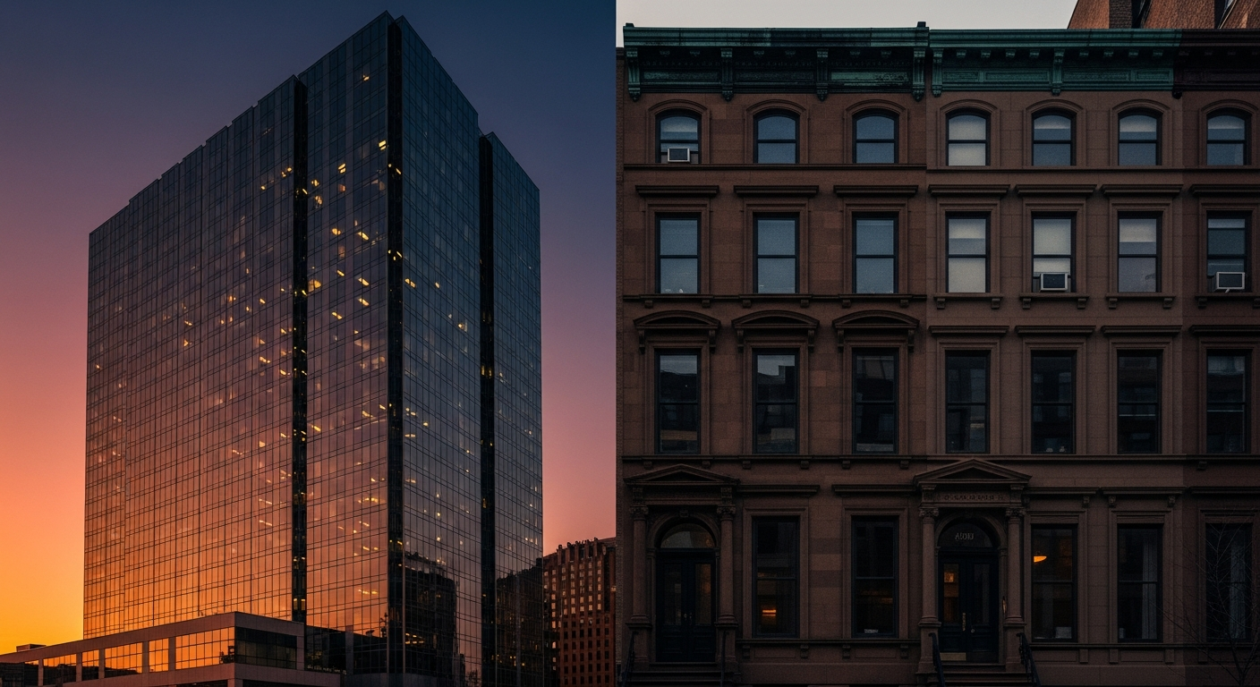 Corporate tower beside boutique brownstone representing enterprise versus boutique PR agencies