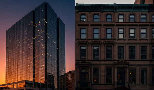 Corporate tower beside boutique brownstone representing enterprise versus boutique PR agencies