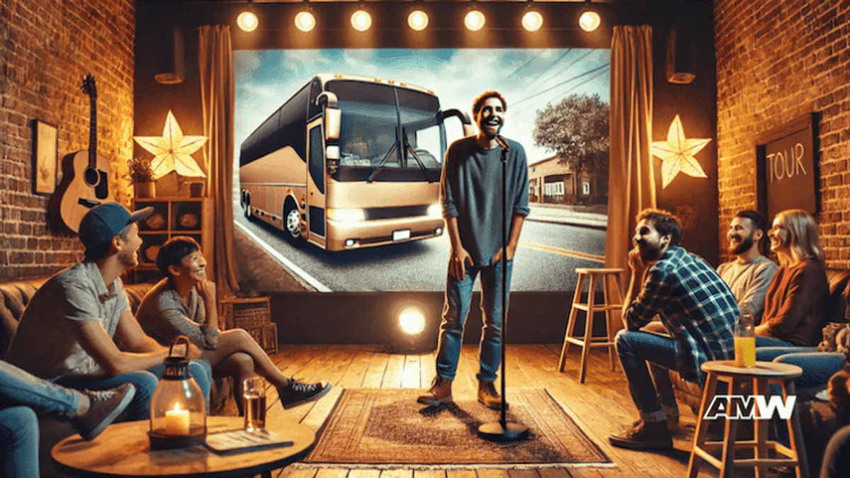 Comedian performing on stage in front of audience.