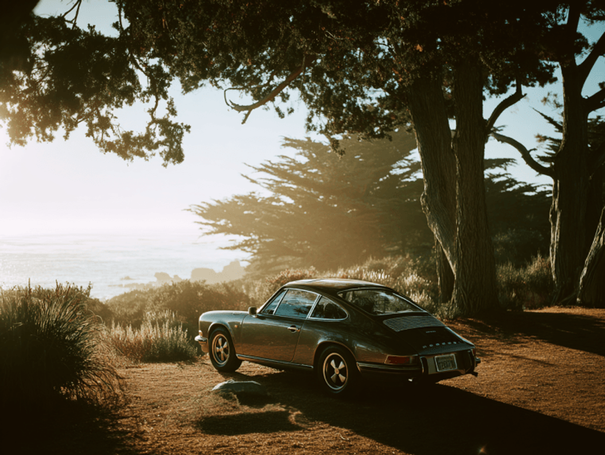 Classic car parked by coastal trees at sunset.