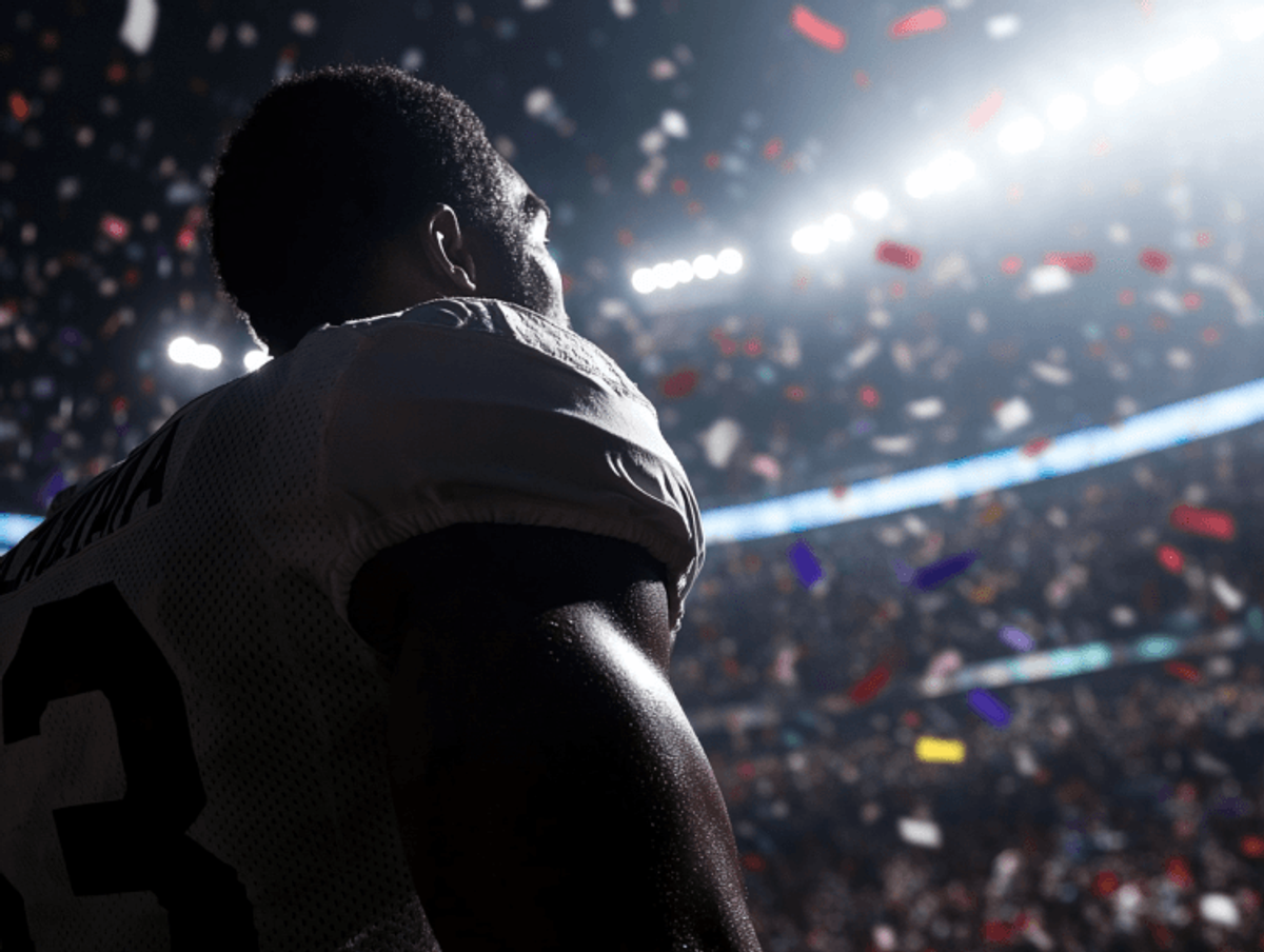 Football player celebrating under stadium confetti.