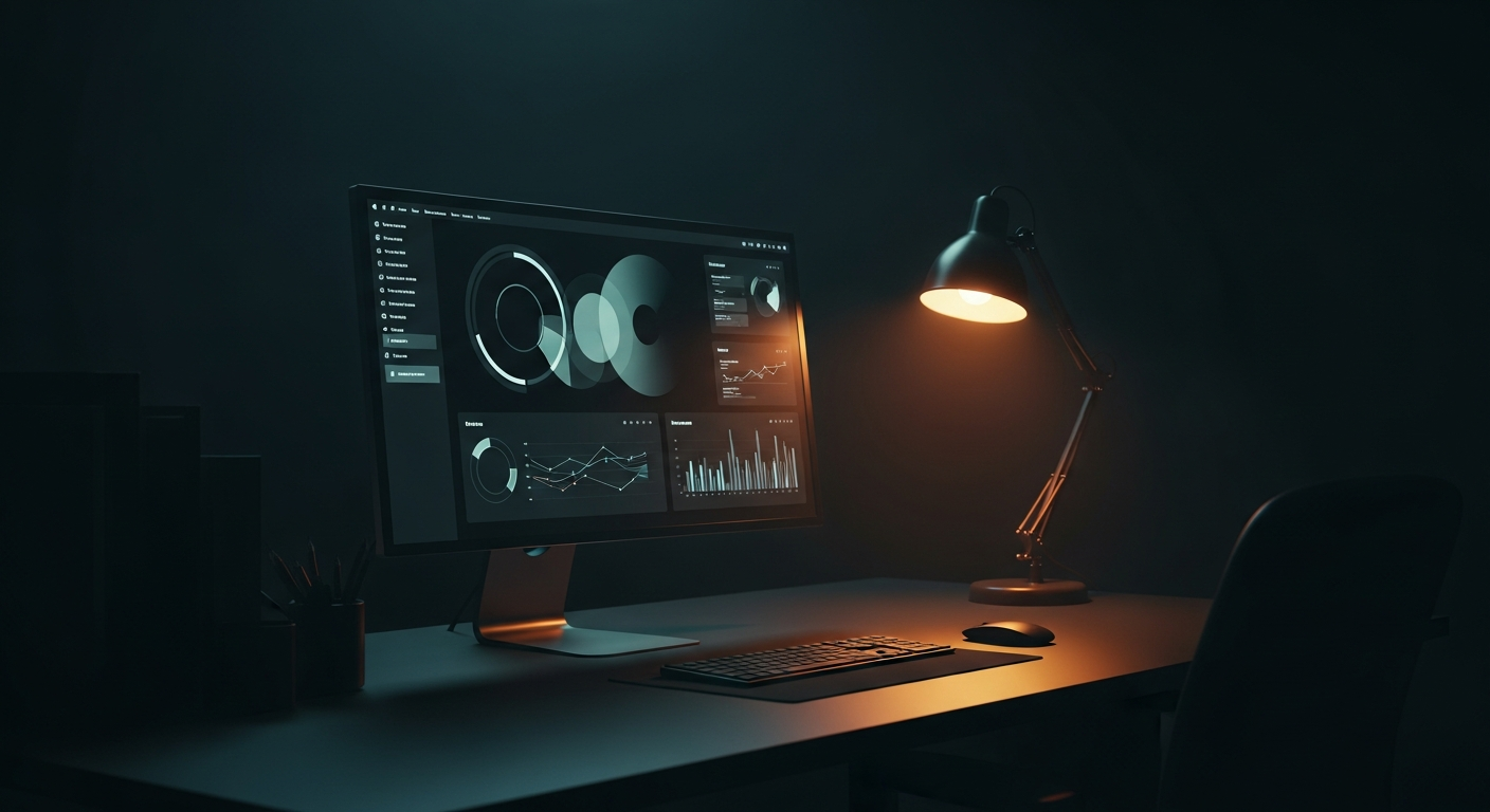 Premium dark workspace with monitor displaying SaaS content analytics and data visualizations