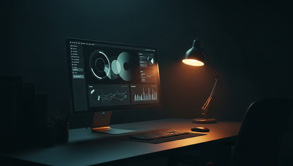 Premium dark workspace with monitor displaying SaaS content analytics and data visualizations