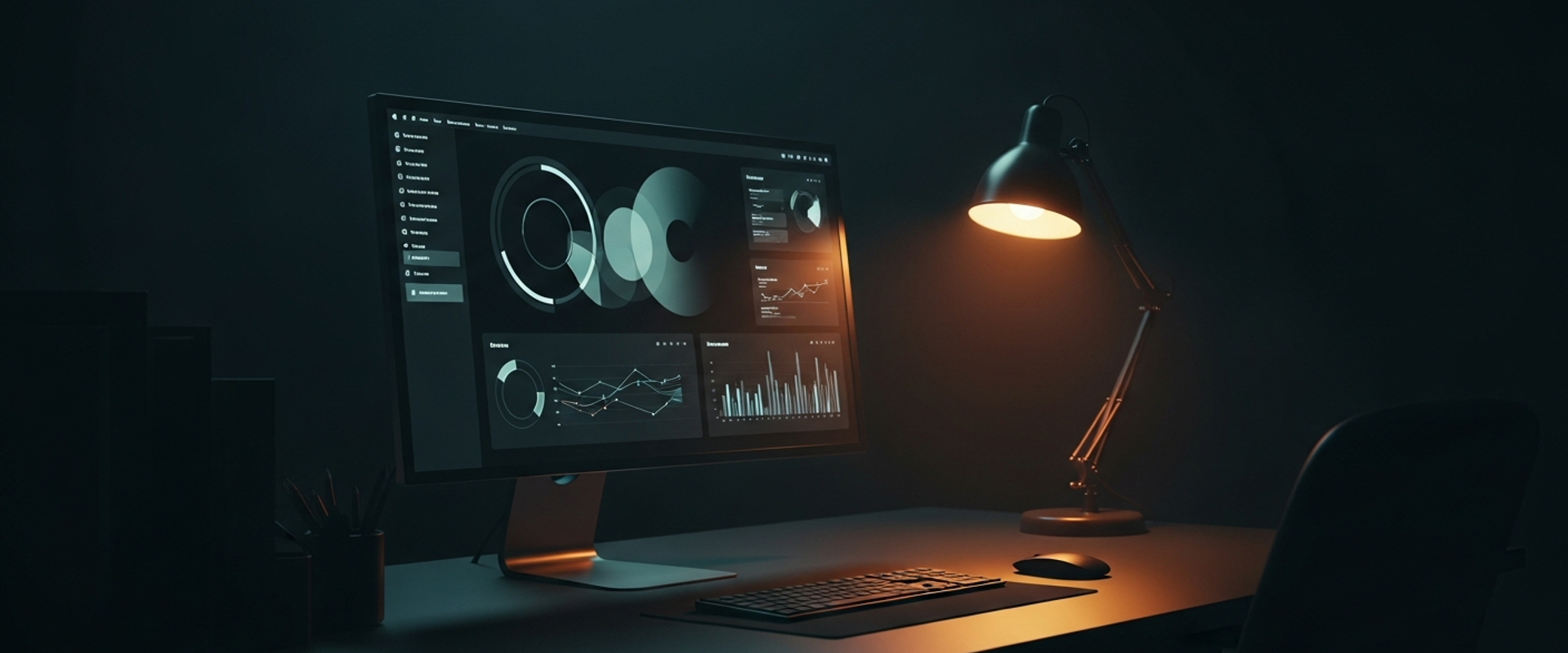 Premium dark workspace with monitor displaying SaaS content analytics and data visualizations