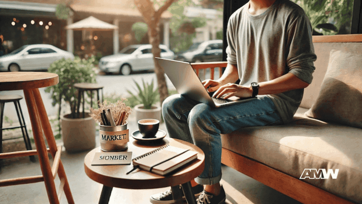Person working on laptop at cozy cafe.