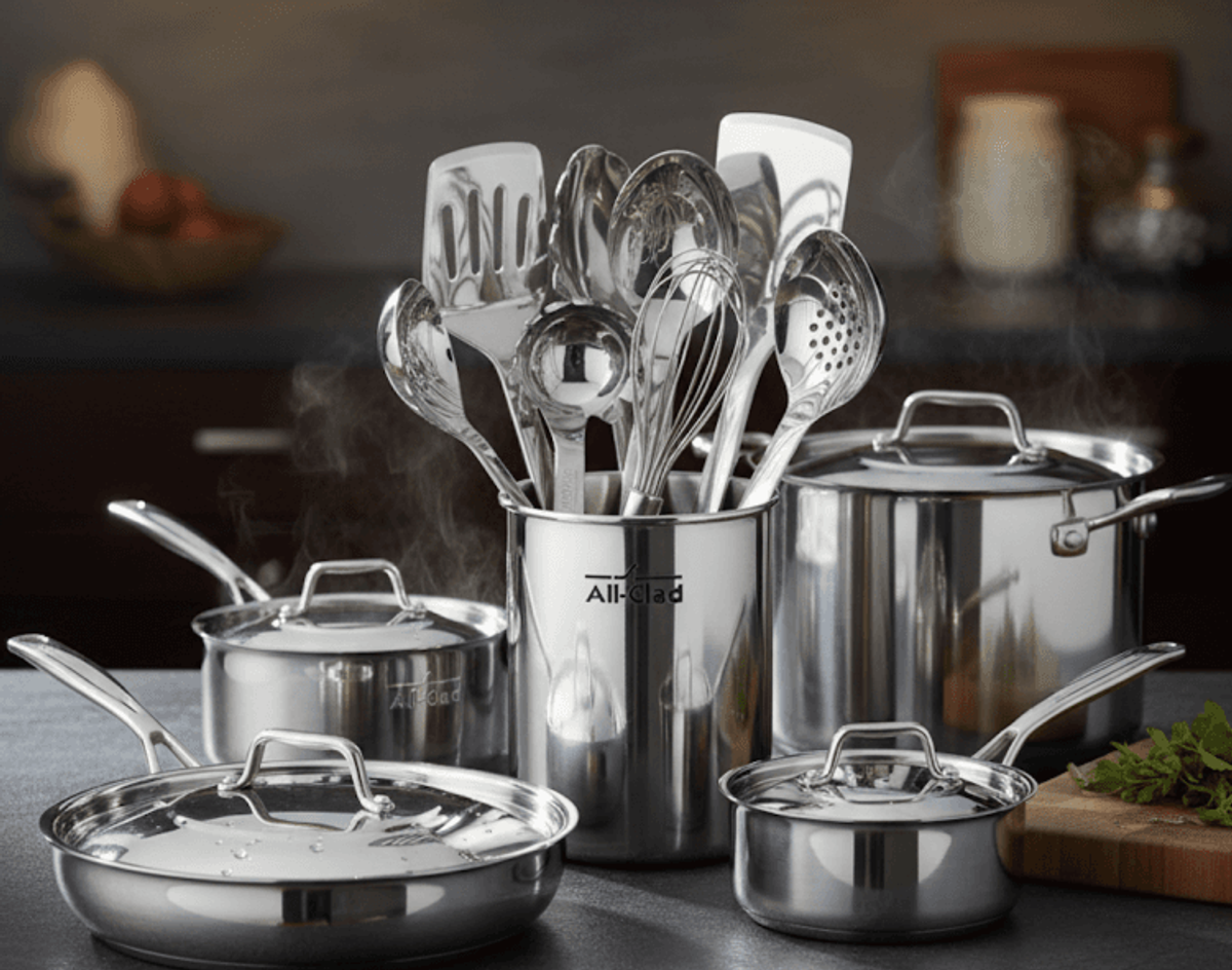 Stainless steel cookware set with utensils