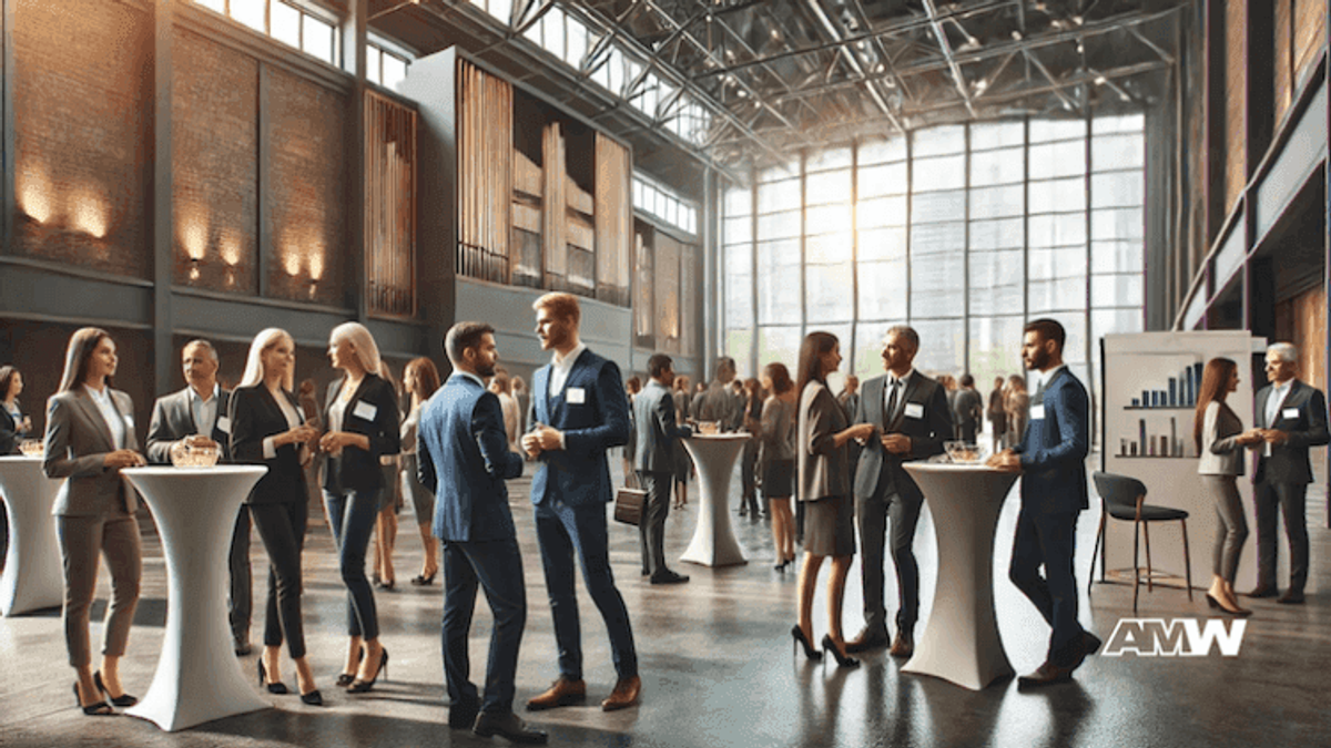 Business professionals networking at a conference event.