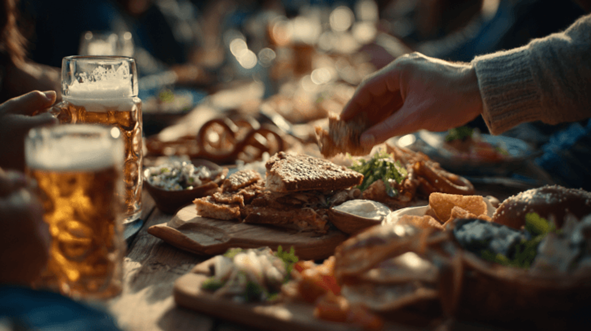 People enjoying food and beer outdoors.