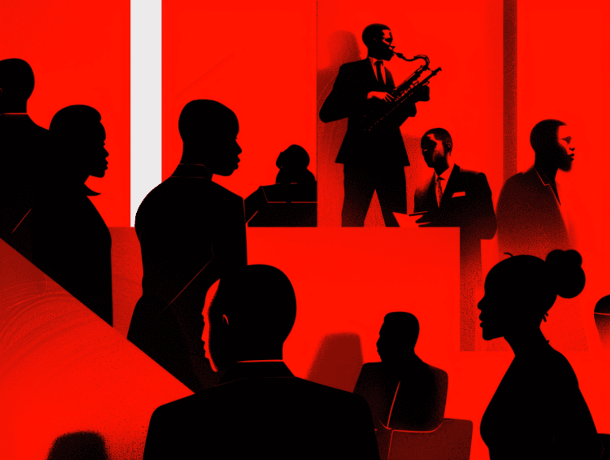 Silhouetted figures with saxophonist on red background.