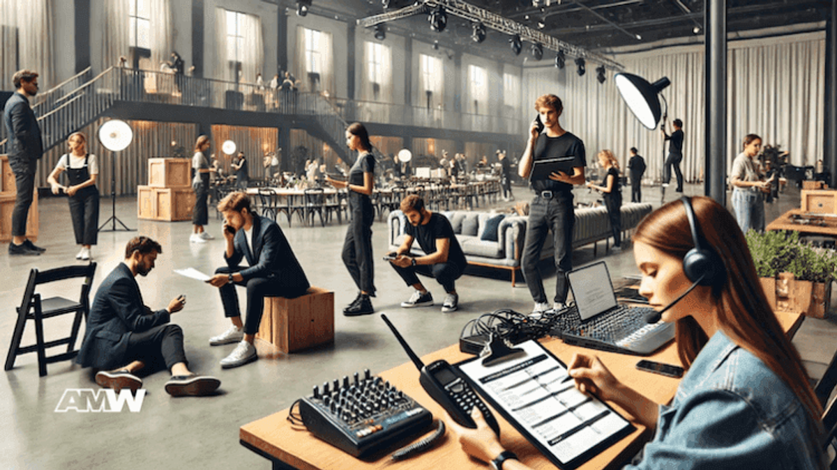 Event management team coordinating in large hall.