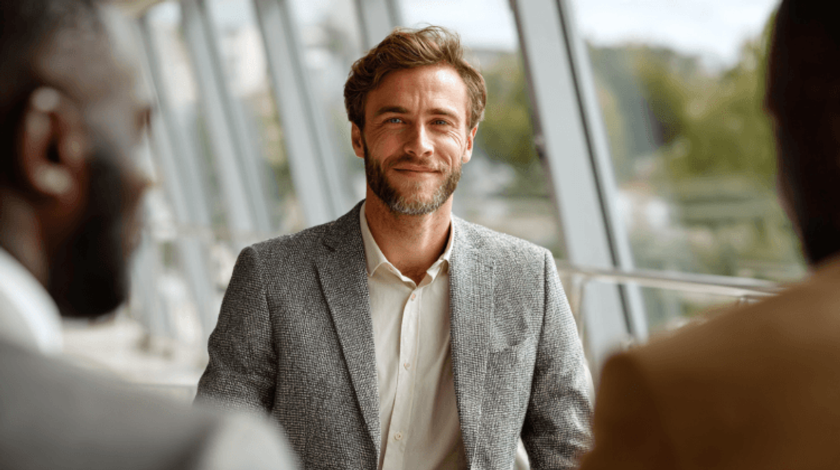 Man smiling at business meeting in modern office