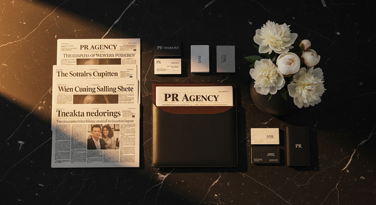 PR agency media materials arranged on dark marble surface with press clippings and notebooks