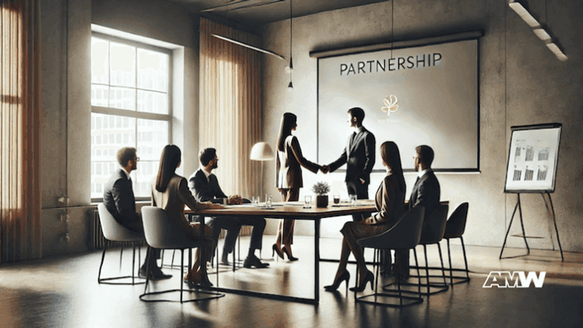 Business meeting discussing partnership agreement.