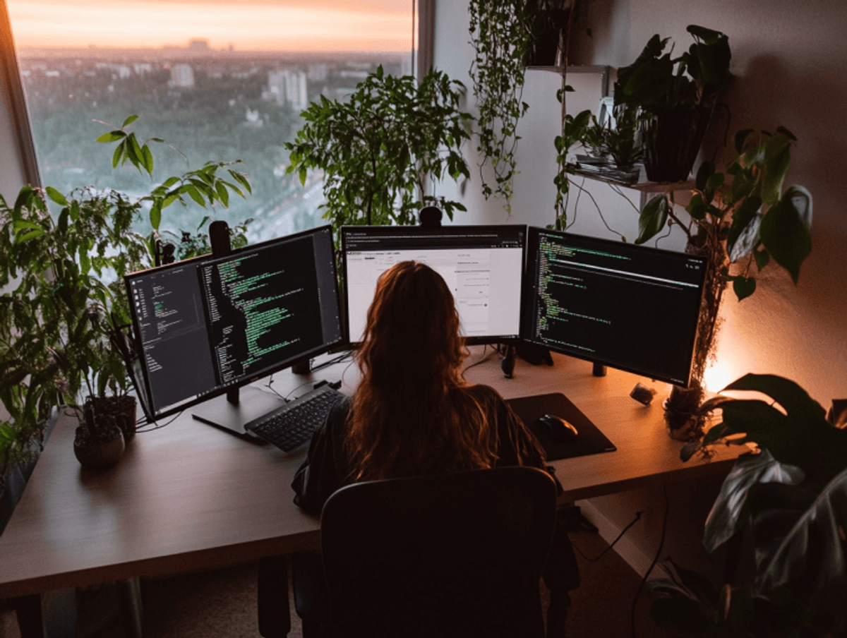 Person coding at computer desk with plants