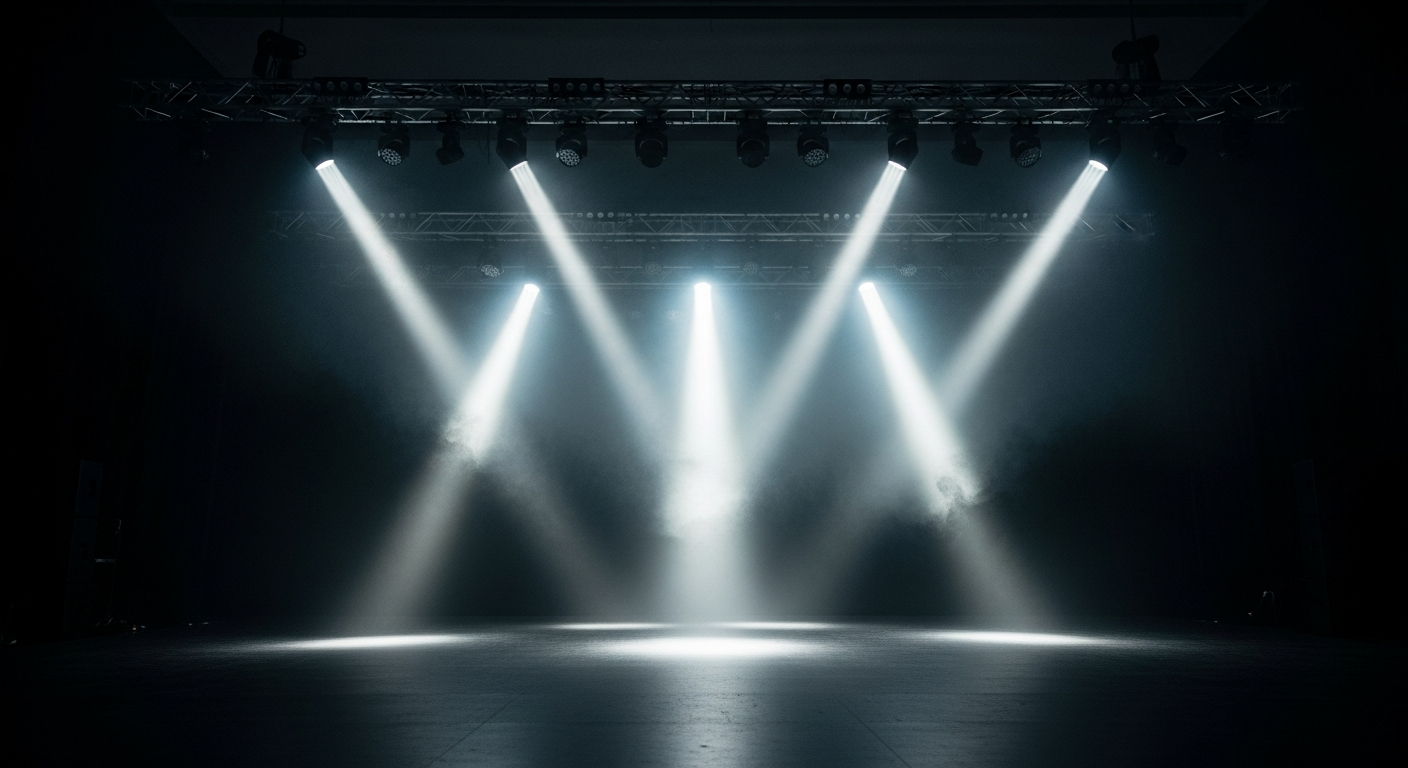 Corporate event stage with dramatic spotlights and atmospheric haze