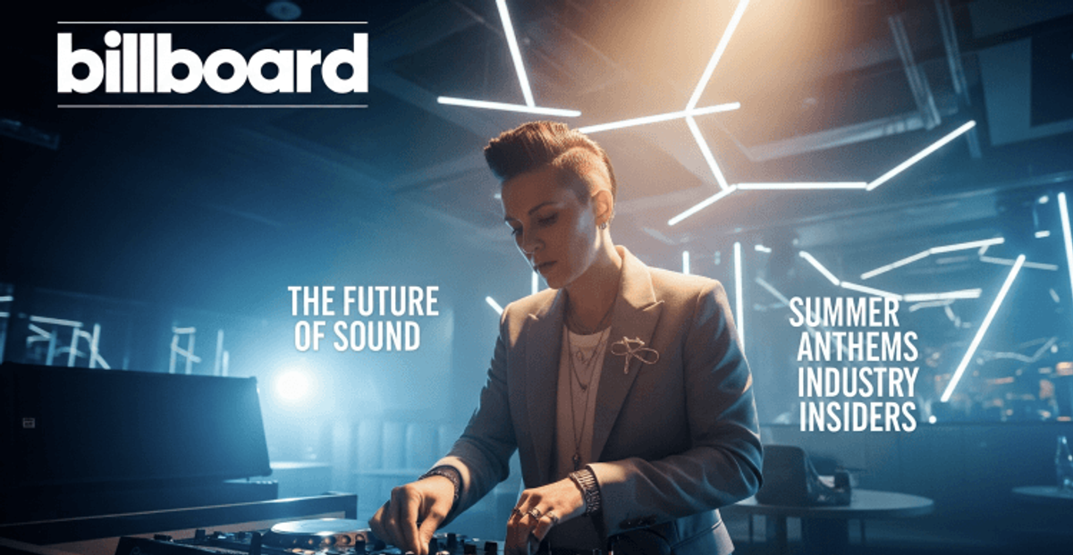 DJ performing in futuristic neon-lit space.