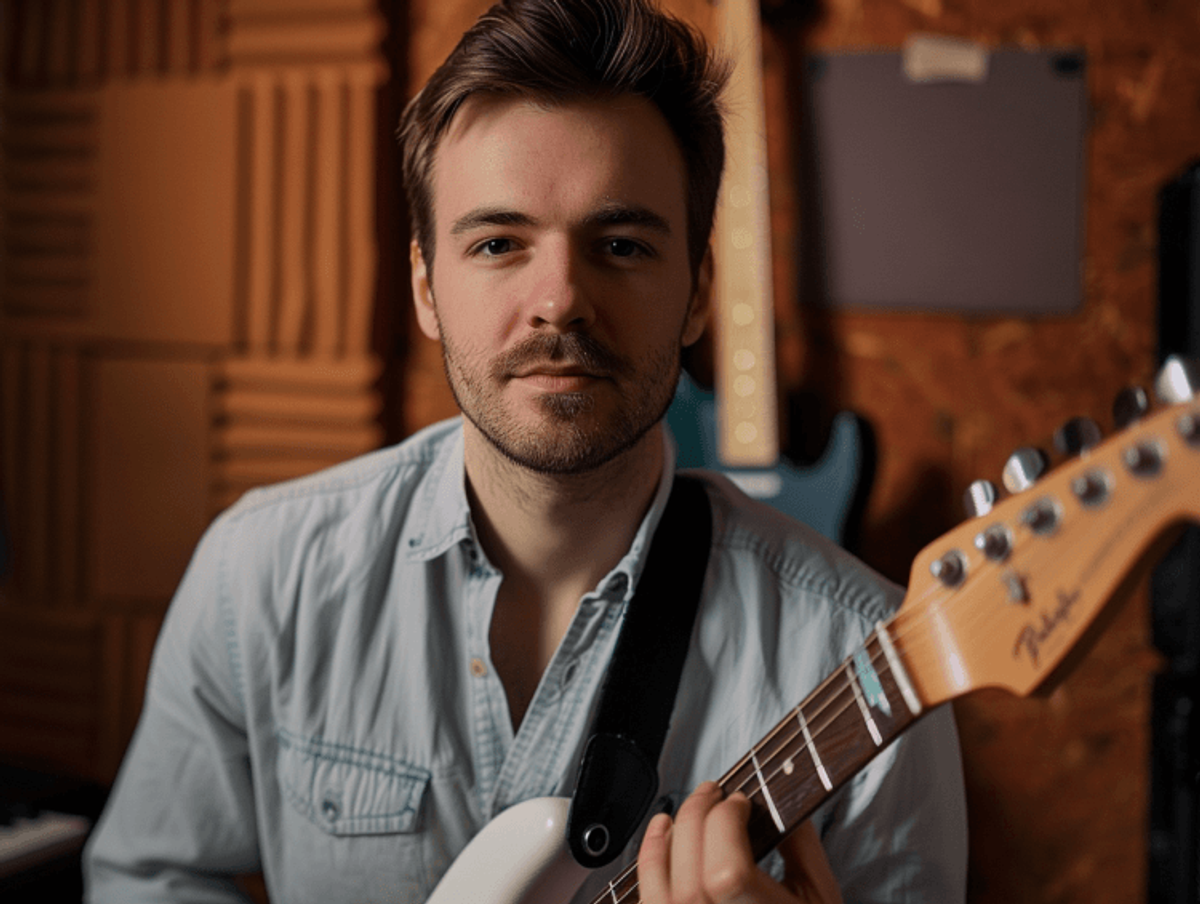 Man playing electric guitar in studio