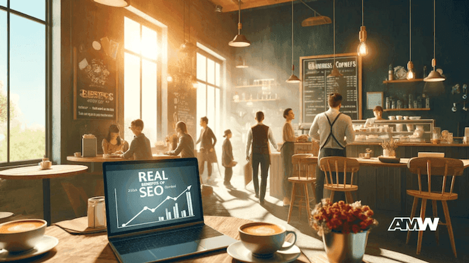 A laptop on a cafe table showing a rising line and bar chart headed Real Benefits of SEO, with customers and a service counter in the background