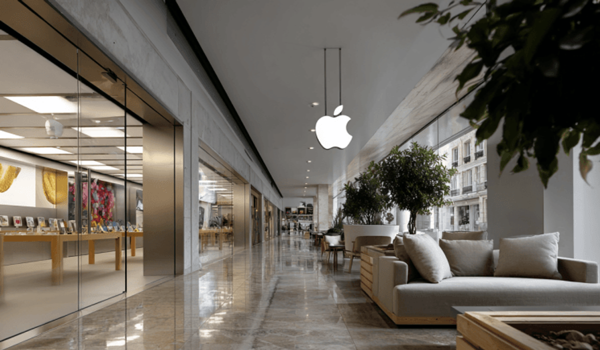 Modern store with large glass windows and seating