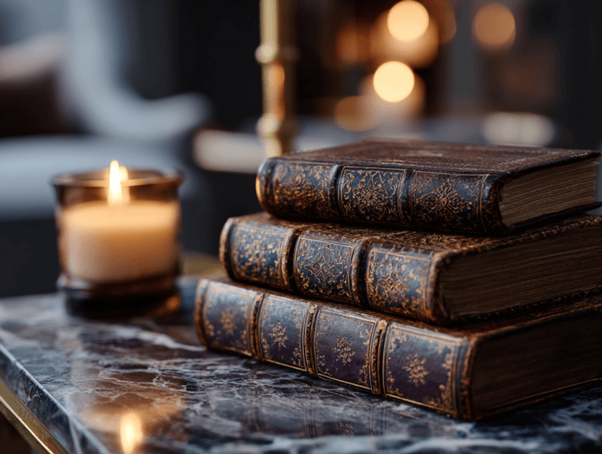 Stack of antique books and candle on marble table.