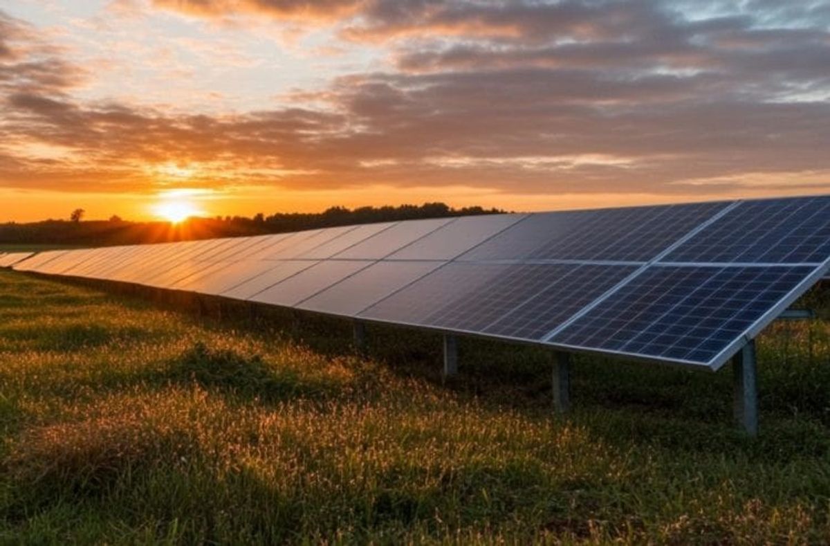 Sunset over solar panels in a field
