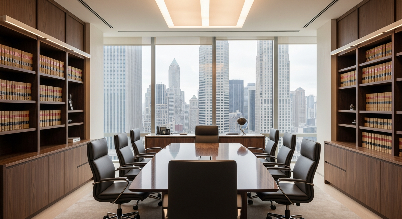 Modern law office interior with premium bookshelves and city skyline view — best content marketing agencies for law firms