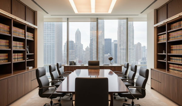 Modern law office interior with premium bookshelves and city skyline view — best content marketing agencies for law firms