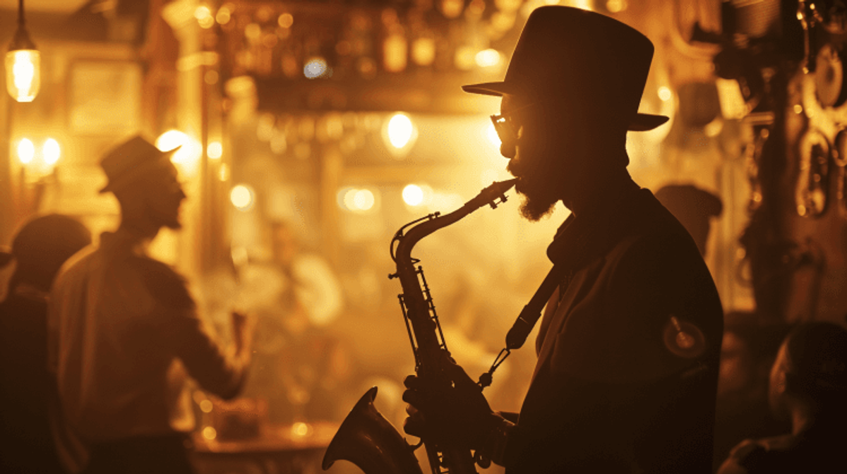 Jazz musician playing saxophone in dimly lit bar.