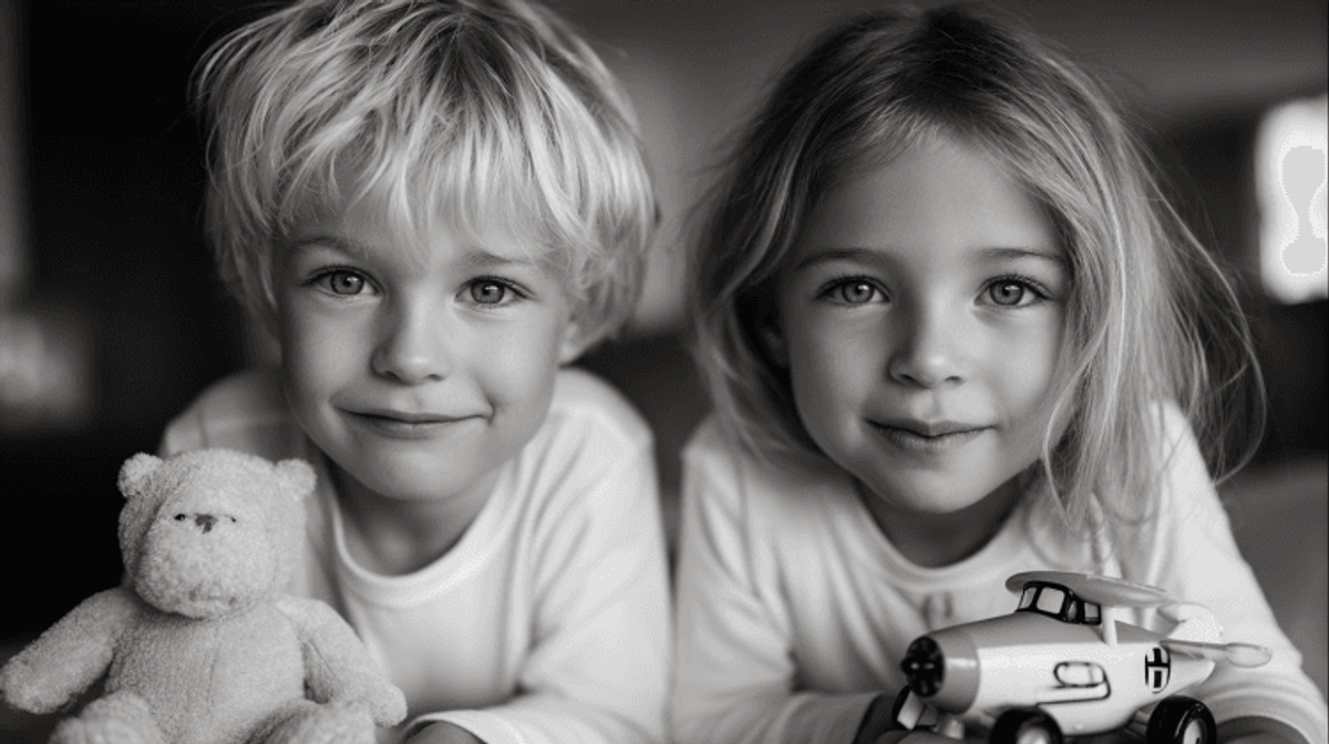 Two kids with toys, smiling, black and white photo.