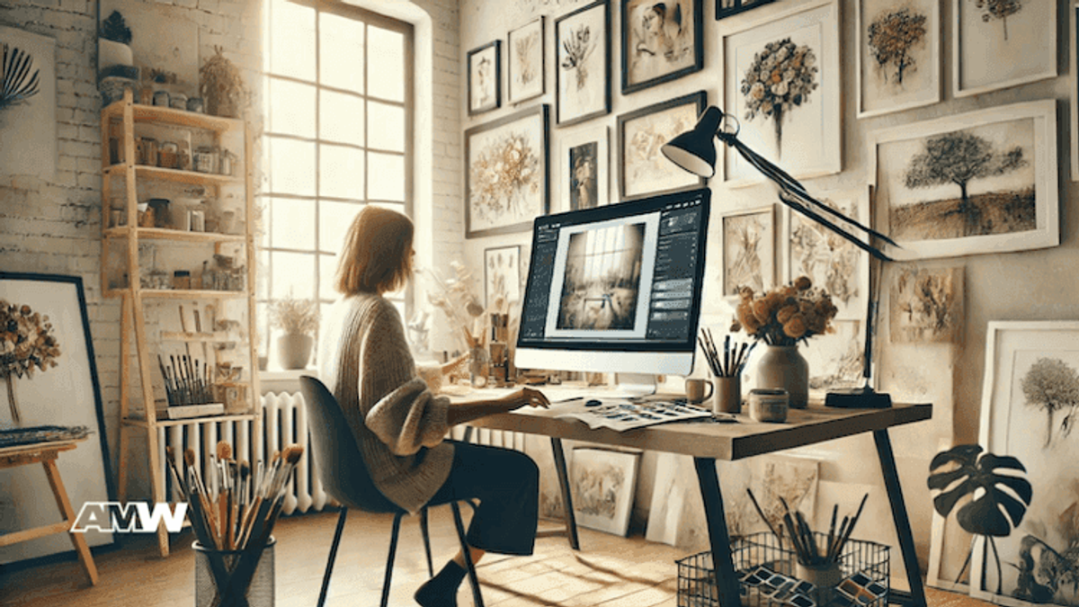 Artist working on digital art in a studio.