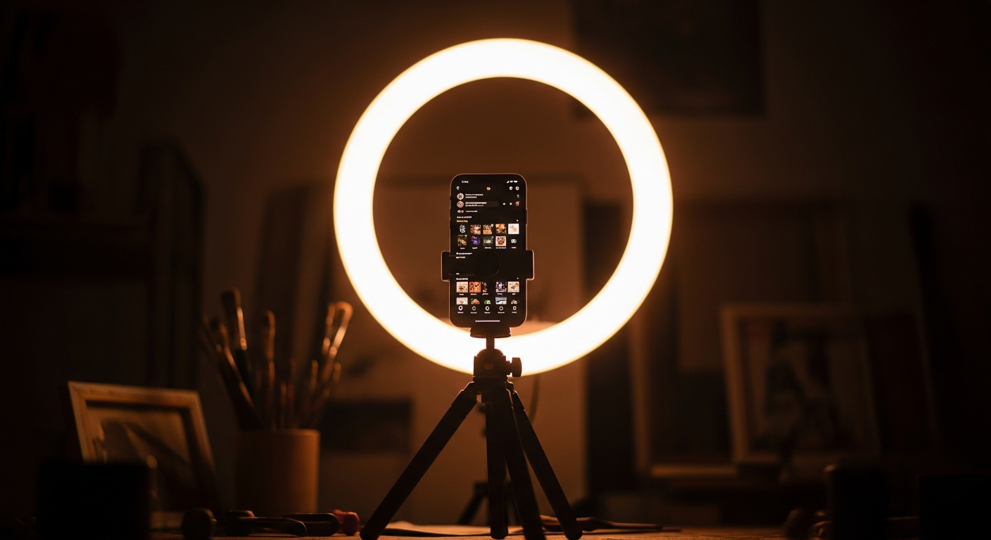 Smartphone on tripod in dark creative studio with ring light glow — comparing influencer marketing agencies and talent representation