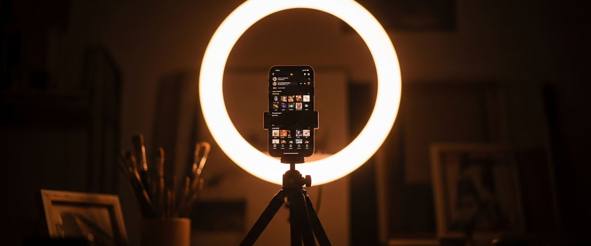 Smartphone on tripod in dark creative studio with ring light glow — comparing influencer marketing agencies and talent representation