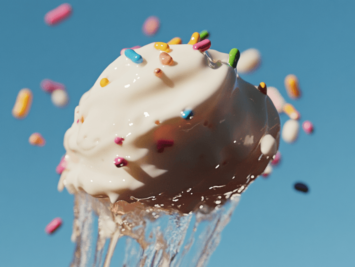 Ice cream with colorful sprinkles, blue sky background.