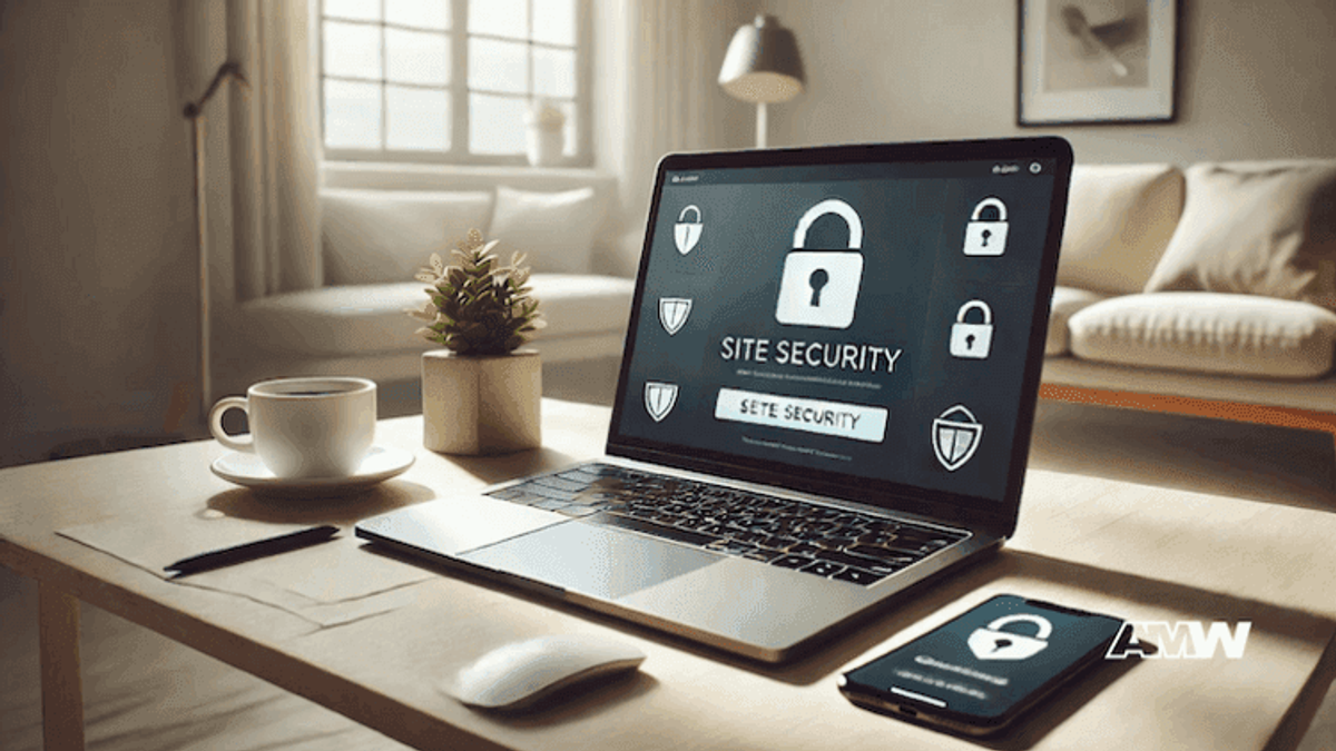 Laptop and smartphone displaying site security screens.