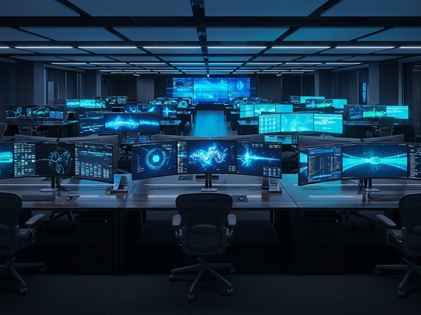 SEO services - premium tech office with data visualization monitors