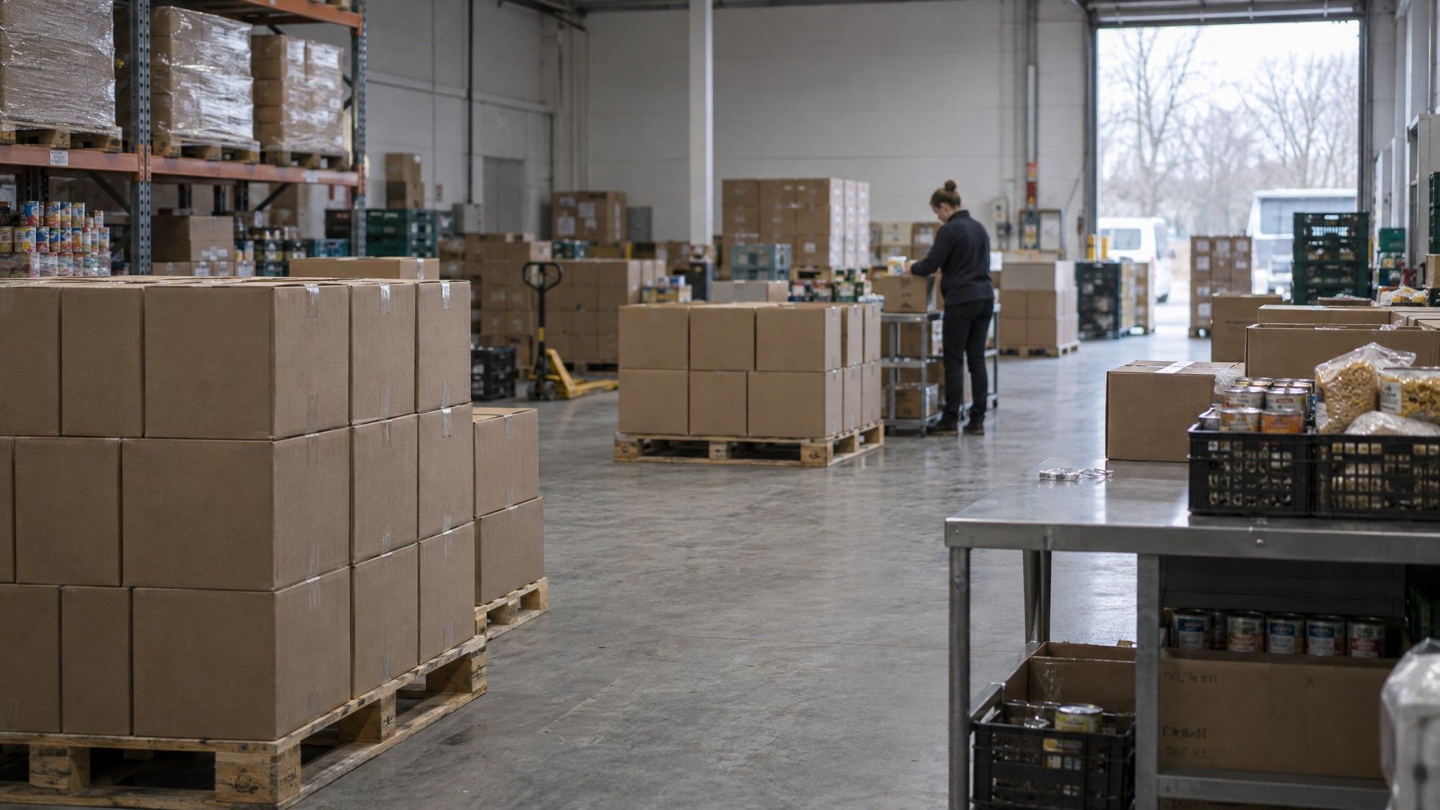 Food bank warehouse with stacked plain boxes and a distant volunteer