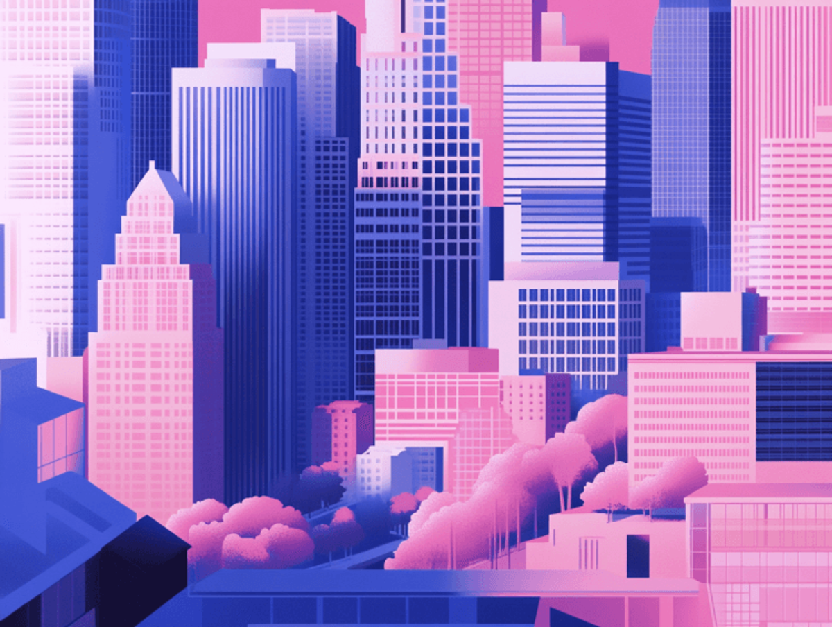 Colorful geometric cityscape illustration with skyscrapers.
