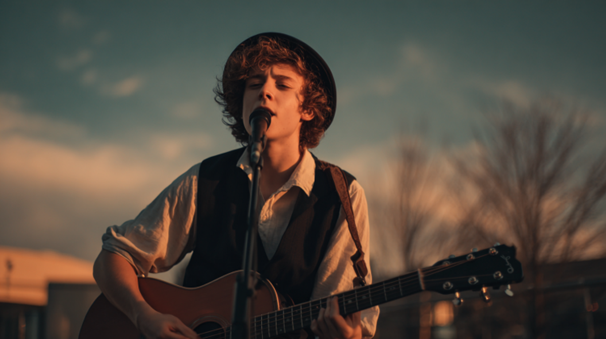 Young guitarist singing outdoors at sunset