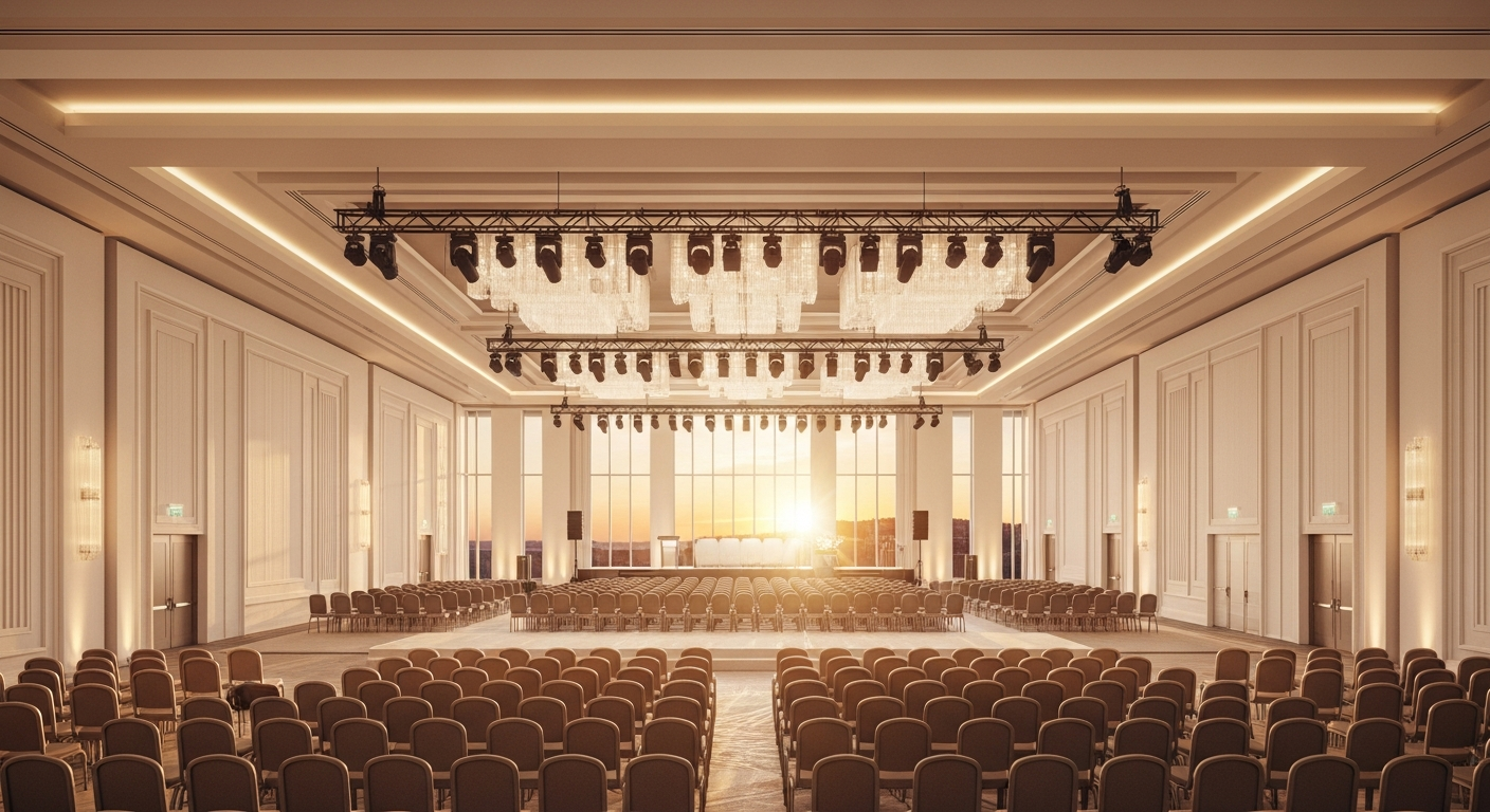 Grand corporate event venue with dramatic stage lighting and elegant seating