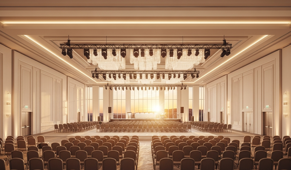 Grand corporate event venue with dramatic stage lighting and elegant seating